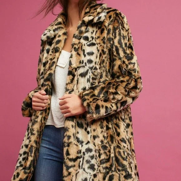 Anthropologie Matison Stone Faux Leopard Lined Two Pocket Coat SMALL - Picture 3 of 5